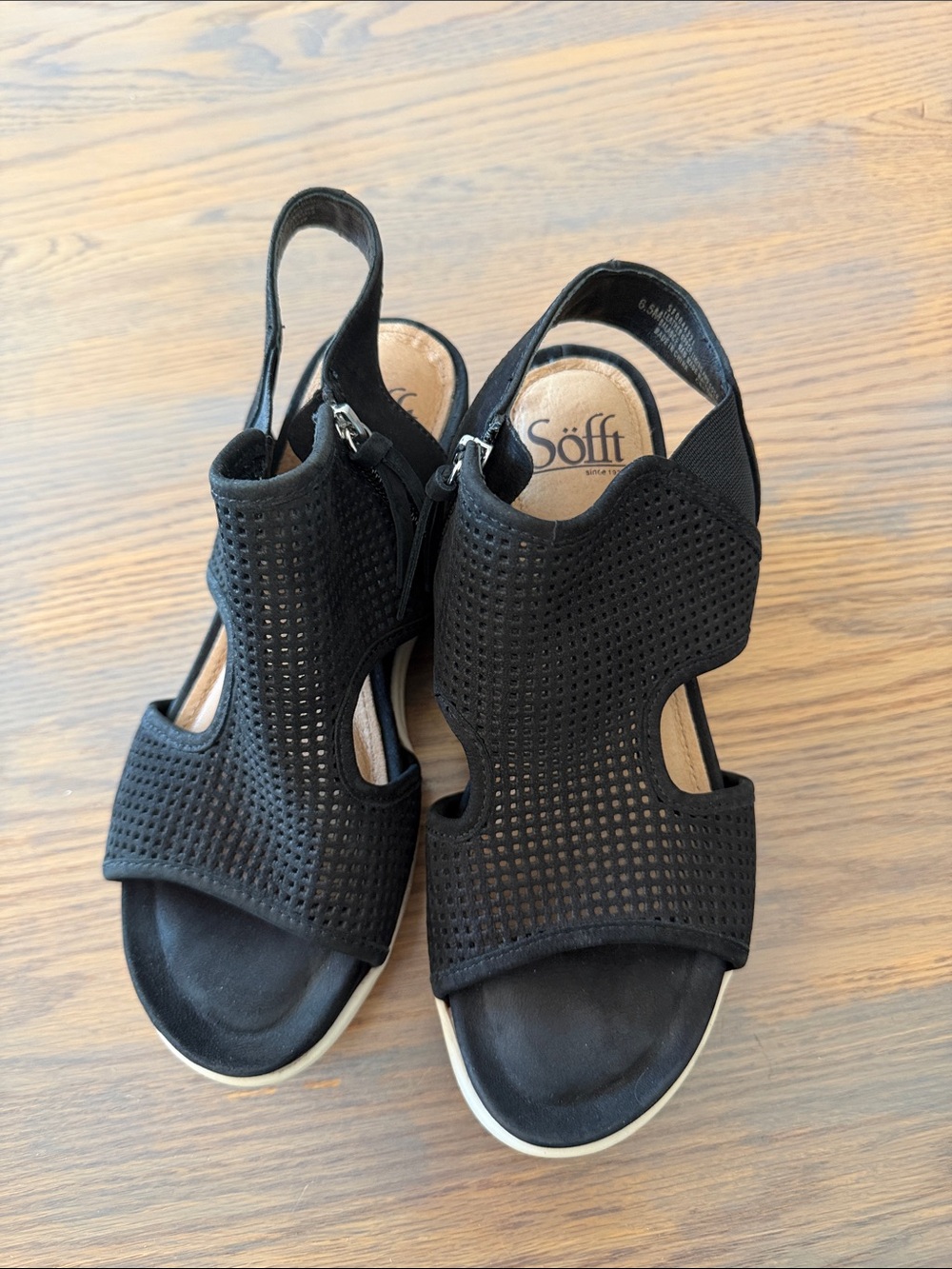 Sofft Black Perforated Slingback Wedge Sandals